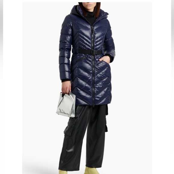 NWT $1195 RUDSAK duck down Quilted shell hooded jacket /belted coat Women Navy - Picture 2 of 11